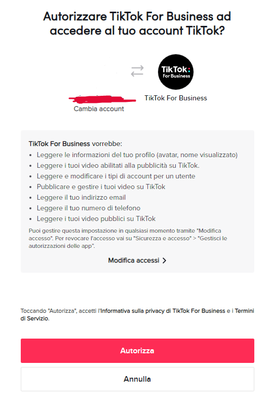 tiktok e woocommerce - autorizza account
