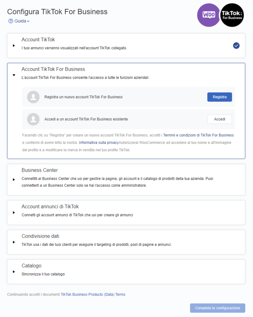 tiktok e woocommerce - configurazione wizard