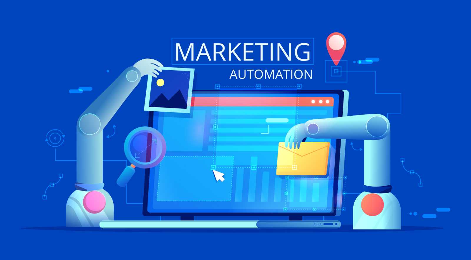 Marketing Automation. Computer with a site that builds the robot's hands. Vector flat illustration