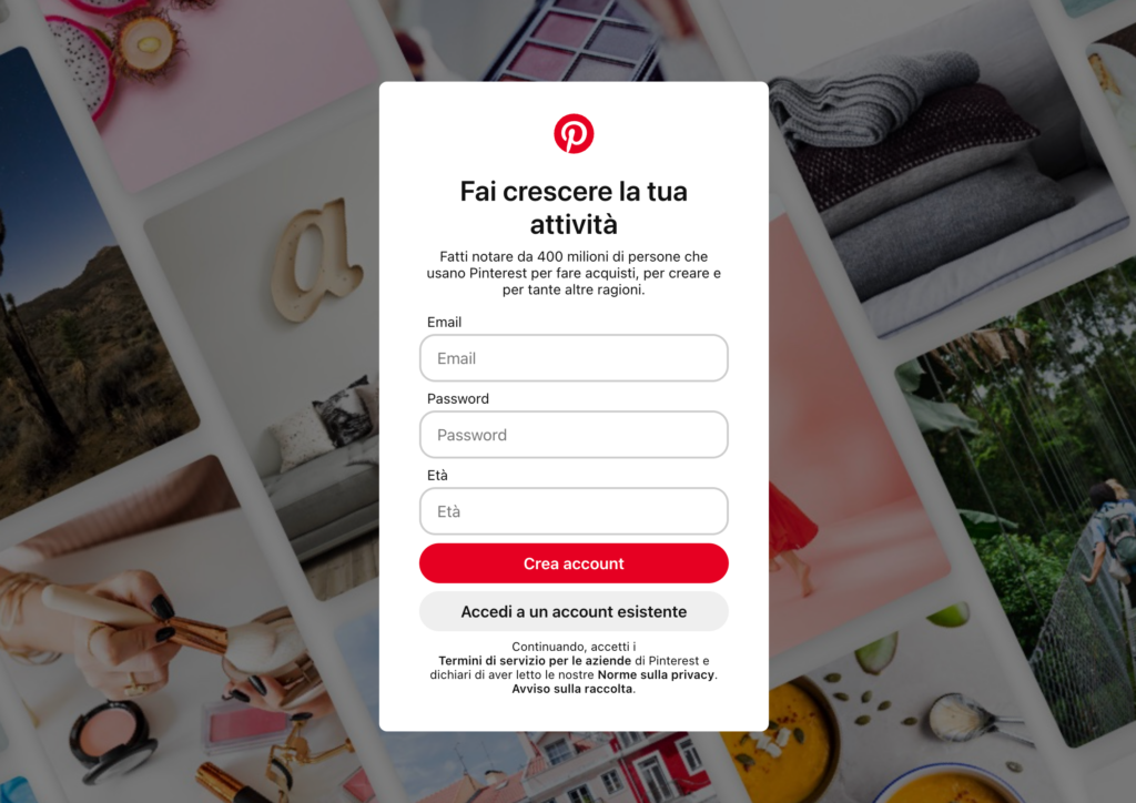 pinterest - crea account aziendale