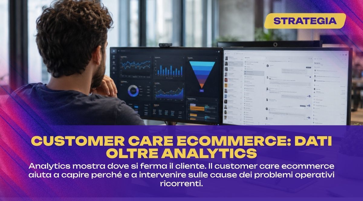 Ecommerce Manager confronta una dashboard Analytics con le conversazioni del customer care per individuare le cause dei problemi dell'ecommerce.