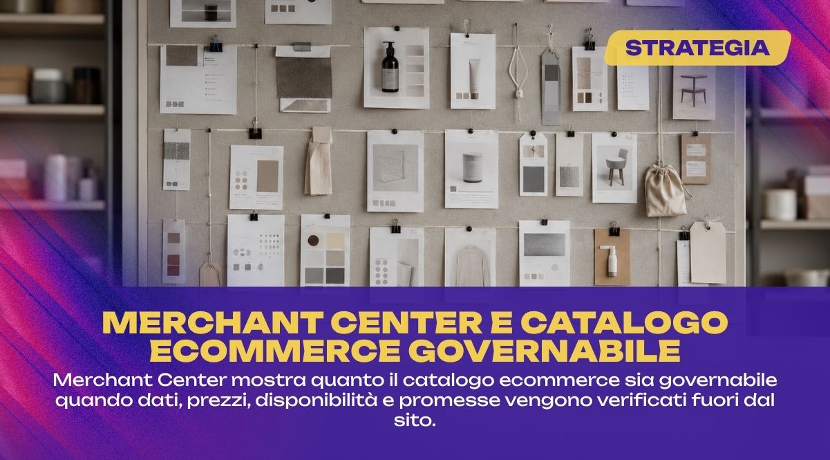 Griglia con schede prodotto ed etichette senza testo leggibile, simbolo di un catalogo ecommerce reso verificabile attraverso Merchant Center.
