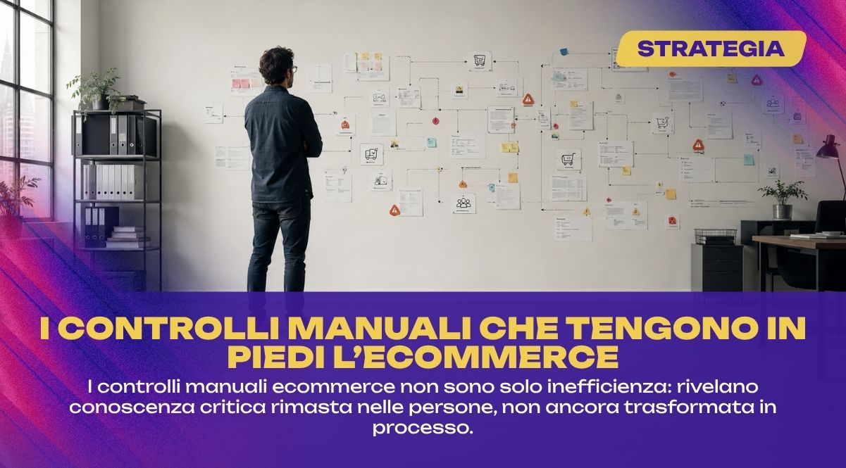 Persona che osserva flussi operativi e segnali ecommerce, simbolo dei controlli ecommerce e della conoscenza necessaria a governarli.
