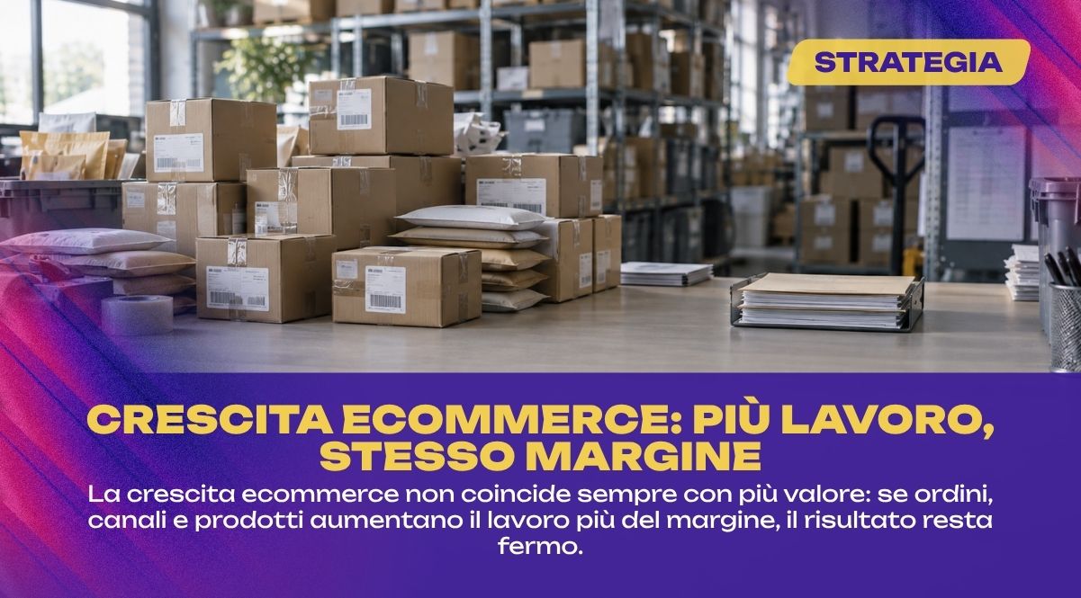 Scaffalature con materiali operativi ecommerce e un piccolo vassoio separato, simbolo della crescita ecommerce che aumenta il lavoro più del margine.