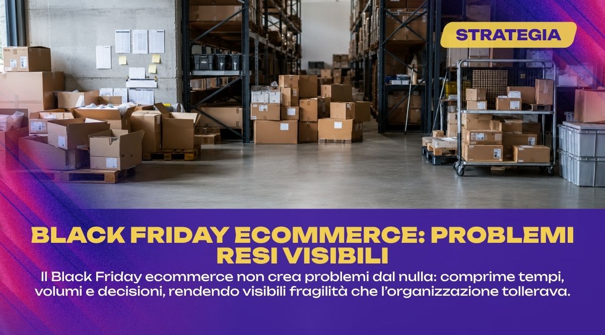 Magazzino ecommerce con pacchi e aree operative sotto pressione dopo il Black Friday ecommerce, simbolo di problemi e processi resi visibili dal picco.