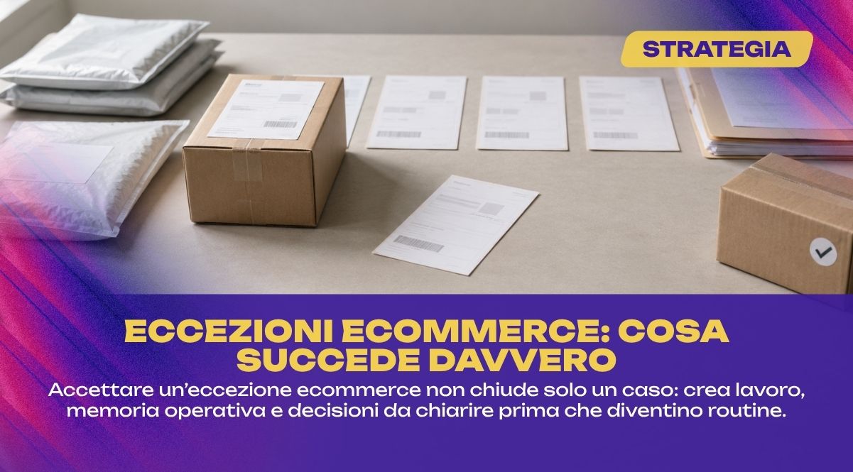 Pacco ed etichette su un piano operativo ecommerce con un elemento separato dal flusso standard, simbolo delle eccezioni ecommerce e del lavoro che generano.