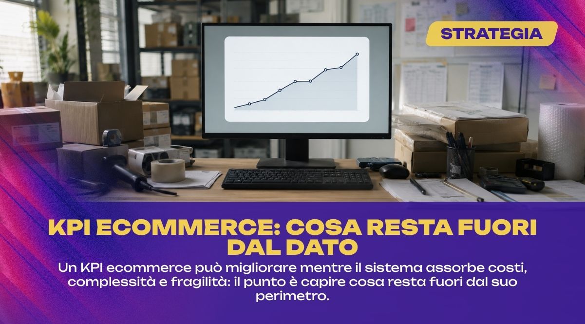 Monitor con grafico KPI ecommerce in crescita su banco operativo con pacchi, documenti e materiali logistici che rappresentano ciò che resta fuori dal dato.