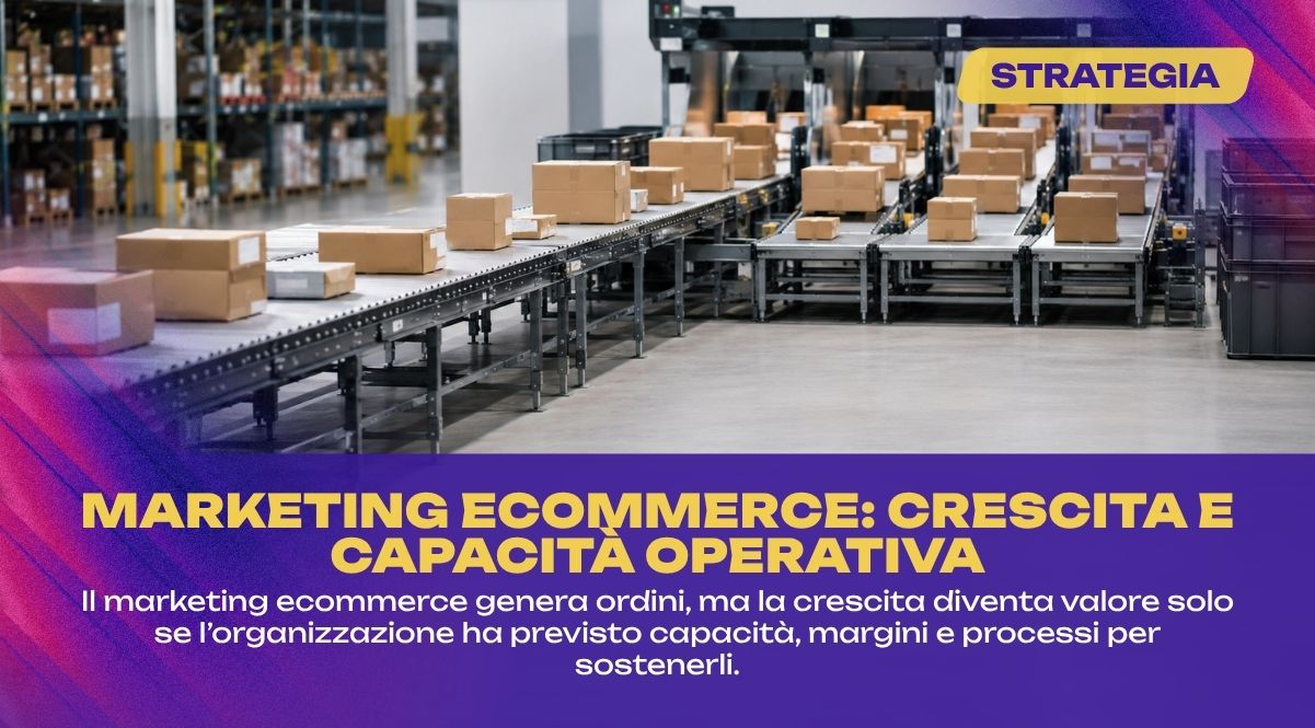 Pacchi su nastro trasportatore in un magazzino ecommerce con corsie di smistamento che rappresentano la capacità operativa richiesta dal marketing ecommerce.